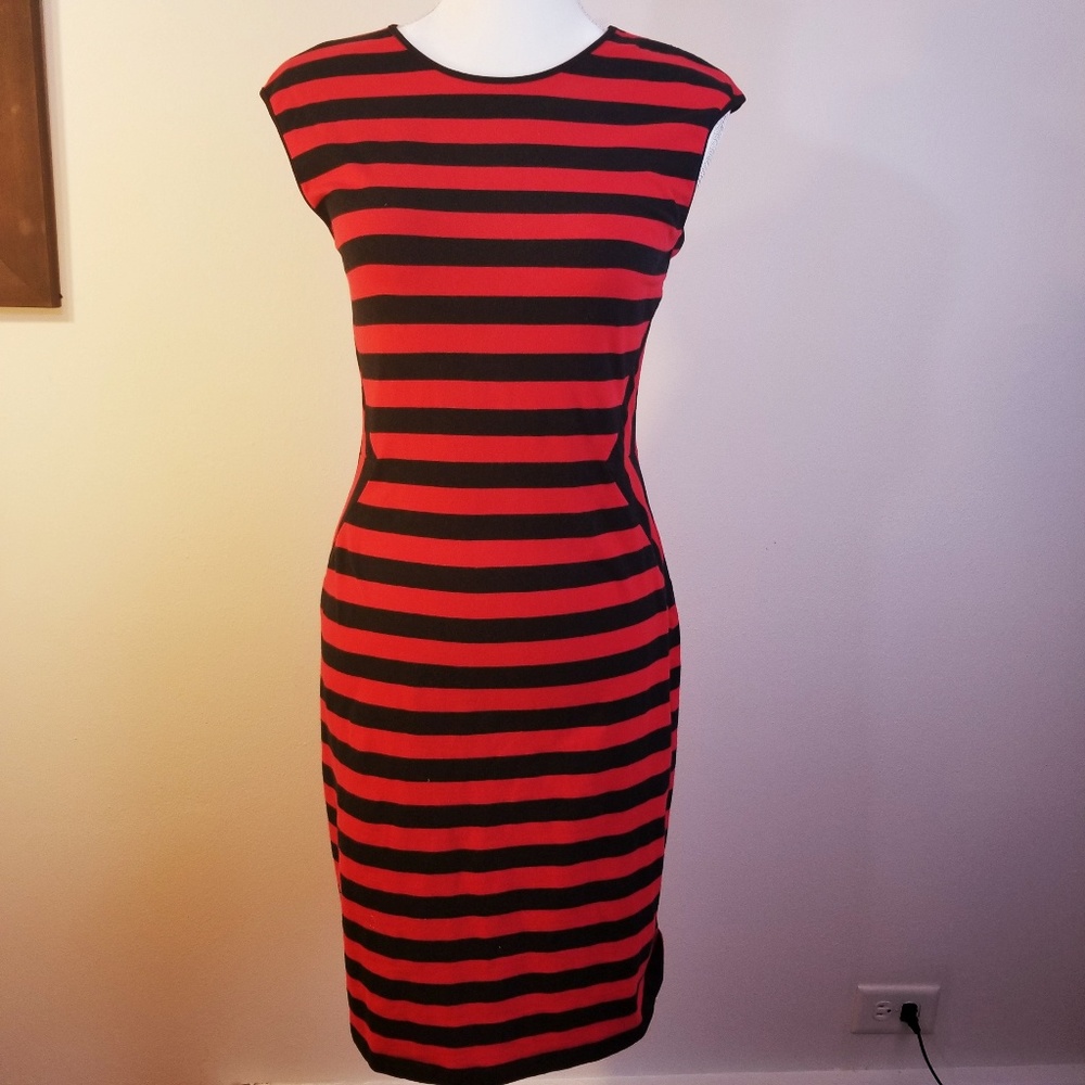 Cache - Striped Sleeveless Bodycon Sheath Dress